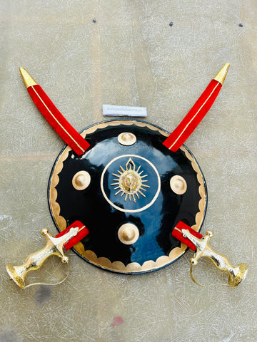 Brass Sikh Kirpan and Shield Wall Decor with Red Velvet Sword”
